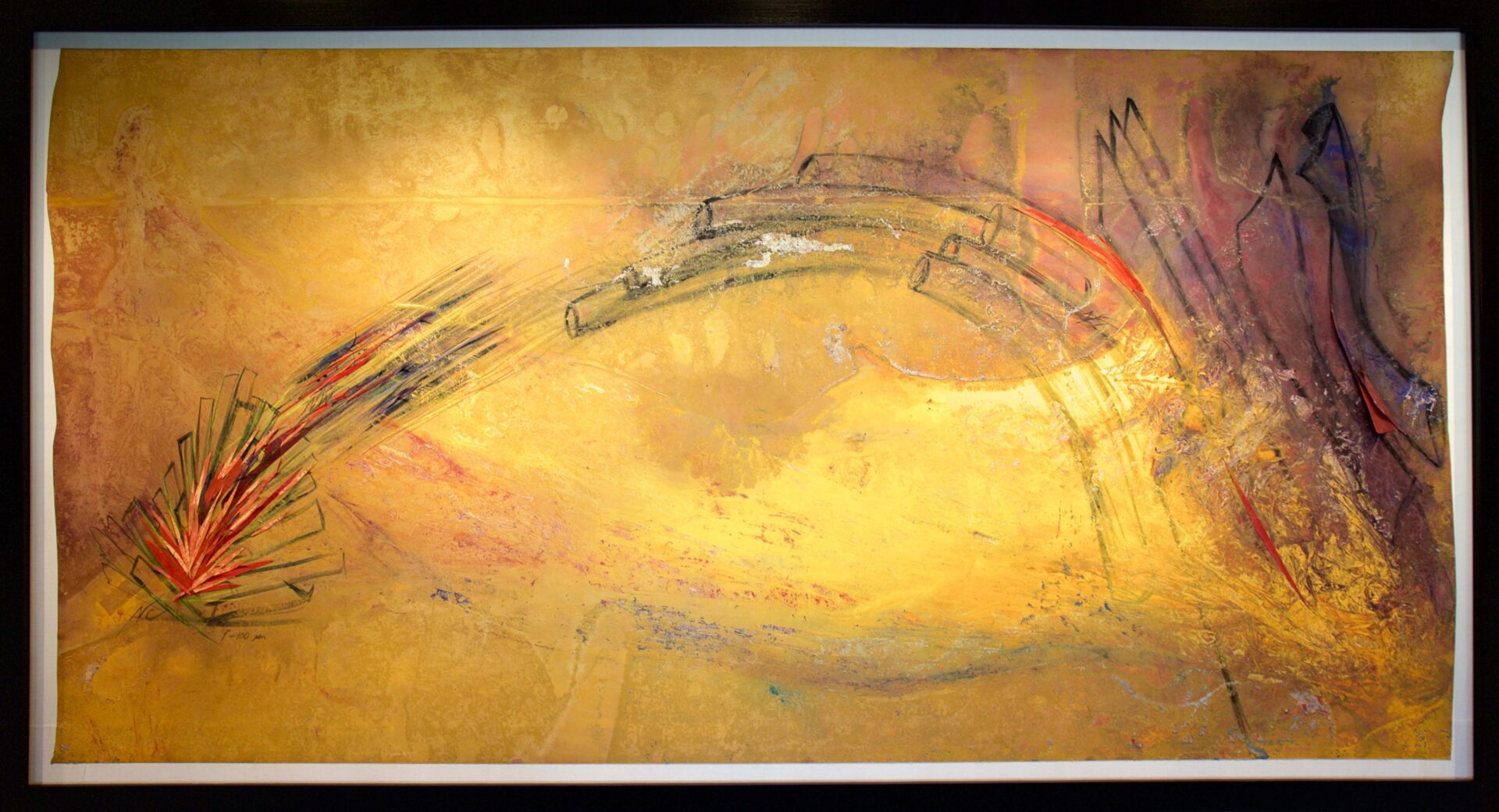 A painting of an eye with musical notes coming out.