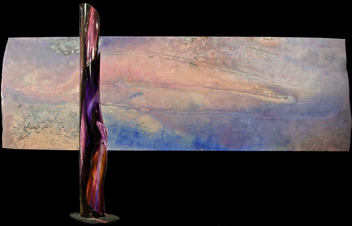 A painting of a purple and pink abstract sculpture.