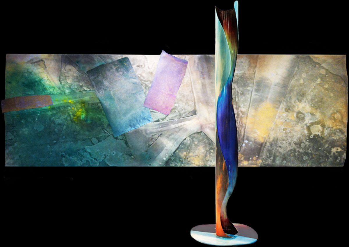 A glass sculpture of a colorful abstract design.