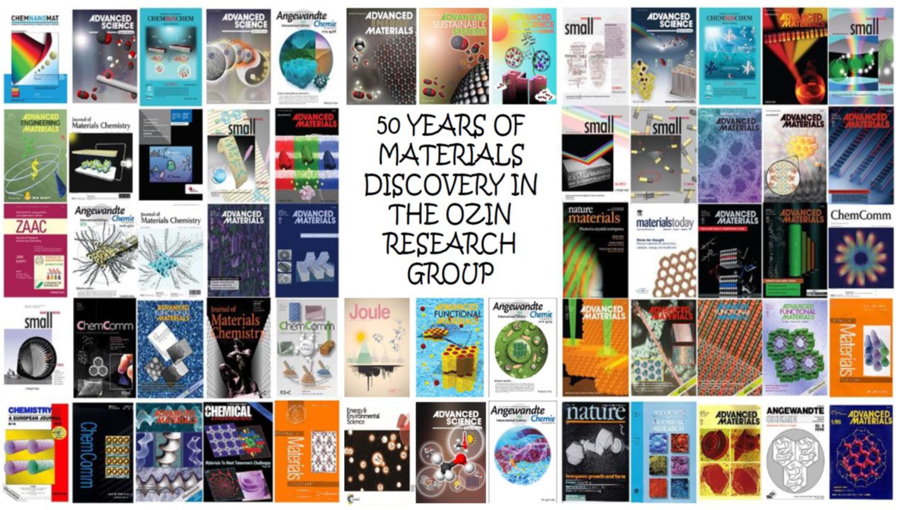 A collage of books and magazines with the words " 5 0 years of materials discovery in the ozin research group ".
